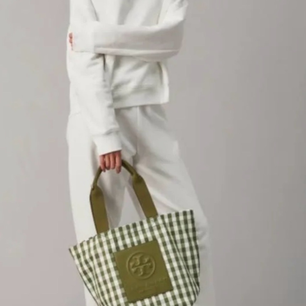 Tory Burch Olive Checkered Tote Bag